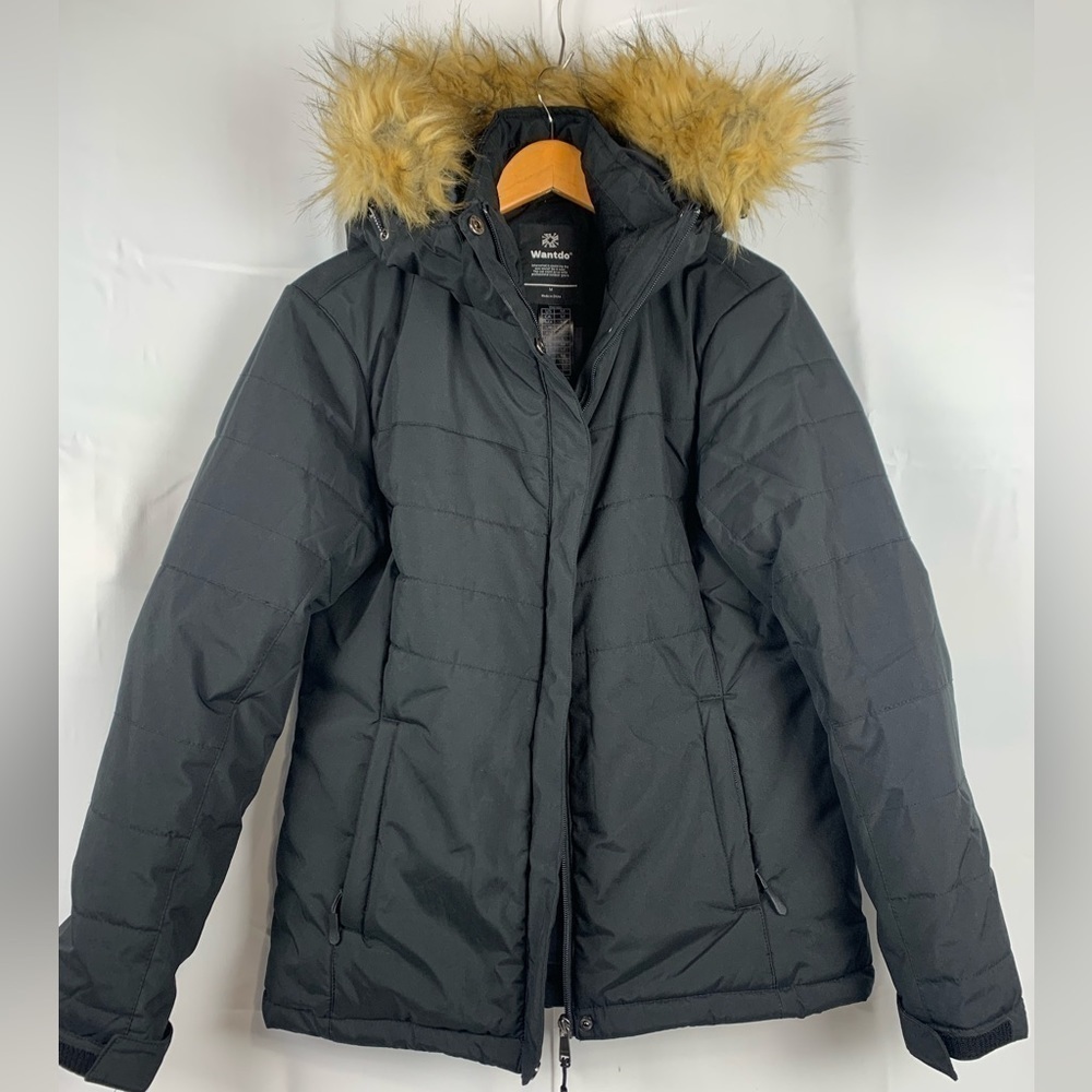 Wantdo Womens Parka Puffer Jacket Black Faux Fur Trim Hooded Size M